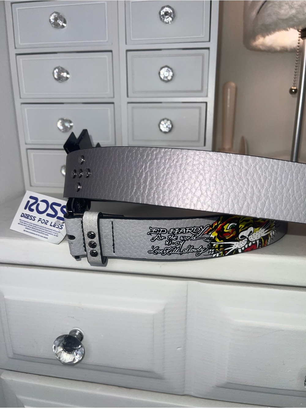 NWT Ed Hardy Men's Silver Graphic Leather Belt